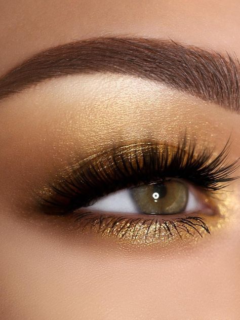 Golf Make Up Looks, Gold Eyeshadow Looks Hooded Eyes, Yellow Gold Eye Makeup, Hamilton Inspired Makeup, 70s Makeup Look Disco Gold, Gold Makeup Looks Simple, 70s Eye Makeup Disco, Gold Under Eye Makeup, Seussical Makeup