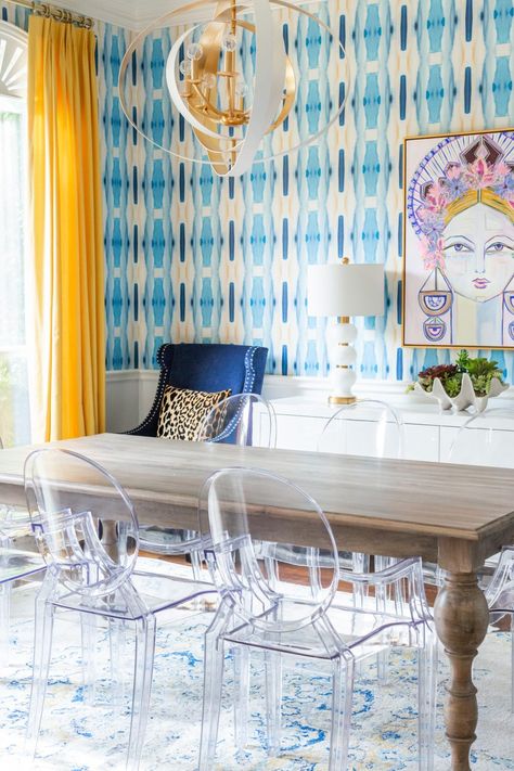 Get the Look | My Dining Room - Hi Sugarplum! Preppy Dining Room, Bold Dining Room, Colorful Dining Room, Acrylic Dining Chairs, Hunted Interior, Big Home, Blue Interior Design, Acrylic Chair, Hi Sugarplum