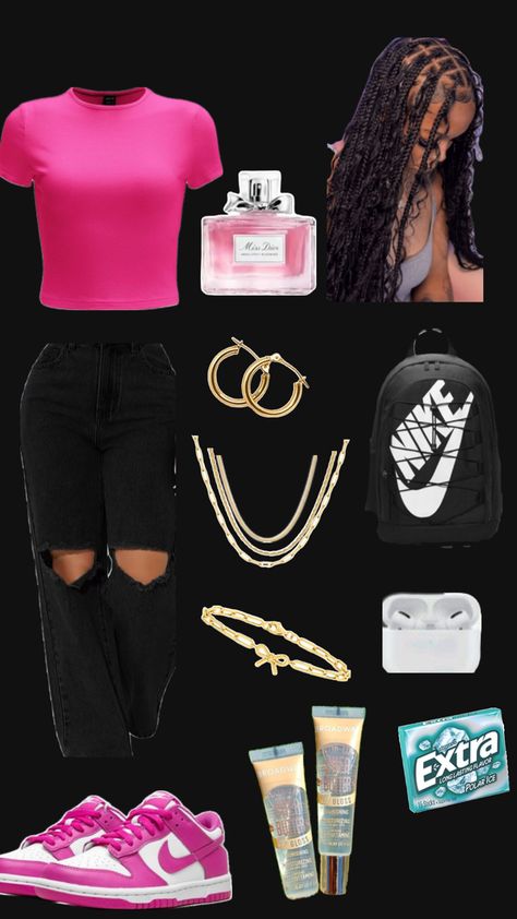 pink shirt, pink dunks, gold jewelry, nike backpack, gum, airpods,lip gloss,boho knotless braids Back To School Outfits Highschool Baddie, School Outfits Highschool Baddie, Baddie Outfits Casual School, Chill School Outfits, Cute Back To School Outfits Highschool, Outfits Casual School, School 7th Grade, Pink Back To School, Cute Back To School Outfits