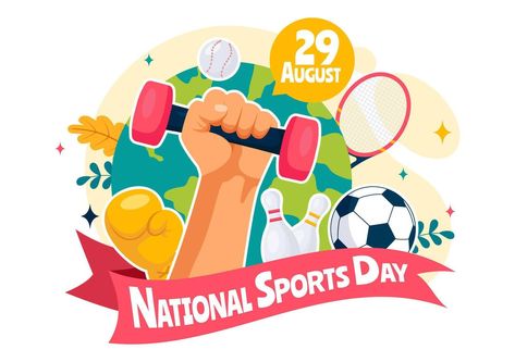 National Sports Day Illustration featuring Athletes from Various Sports and Equipment in a Flat Style Cartoon Background National Sports Day Poster, Sports Day Drawing, Sports Day Poster, National Sports Day, Big Rangoli, Day Illustration, Big Rangoli Designs, Graphic Design Ads, Sports Day