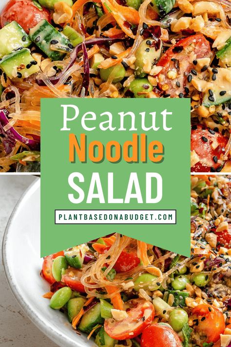 This Thai Peanut Noodle Salad [Glass Noodle Salad] is ready in just 20 minutes and is so delicious! It's naturally gluten free and perfect for a quick and tasty weeknight meal! #plantbasedonabudget #glass #noodle #salad Thai Peanut Noodle Salad, Crunchy Noodle Salad, Peanut Noodle Salad, Glass Noodle Salad, Thai Noodle Salad, Ramen Noodle Salad, Noodle Salad Recipes, Breakfast Low Carb, Peanut Noodles