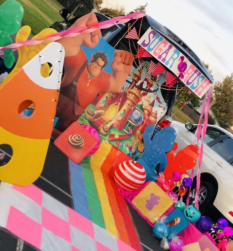 Wreck It Ralph Party Decorations, Trunk Or Treat Wreck It Ralph, Wreck It Ralph Decorations Diy, Wreck It Ralph Trunk Or Treat, Wreck It Ralph Sugar Rush, Wreck It Ralph Halloween, Ward Activities, Trunker Treat Ideas, Church Trunk