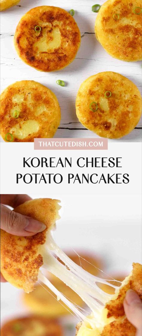 korean cheese potato pancakes Quick Easy Savory Snacks, Asian Appetizers For Party Easy, Fun Meals To Make, Savory Food Ideas, Asian Food Party, Dinner Ideas Asian, Cheese Potato Pancakes, Cheesy Meals, Korean Pancake Recipe