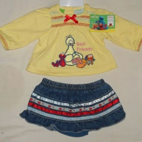 Infant Baby Girl Vintage Rare Beautifully Designed Sesame Street Soft 2-Piece Set. They Are Size 3-6months. They Are Yellow Top And A Blue Jean Skort-Like, It Has A Skirt Covering The Underwear. Very Hard To Find, Will Make A Great Gift. Thank You For Looking, Have A Great Day 2000s Baby, Vintage Kids Clothes, Infant Baby Girl, Vintage Baby Girl, Baby Fits, Girl Vintage, Yellow Top