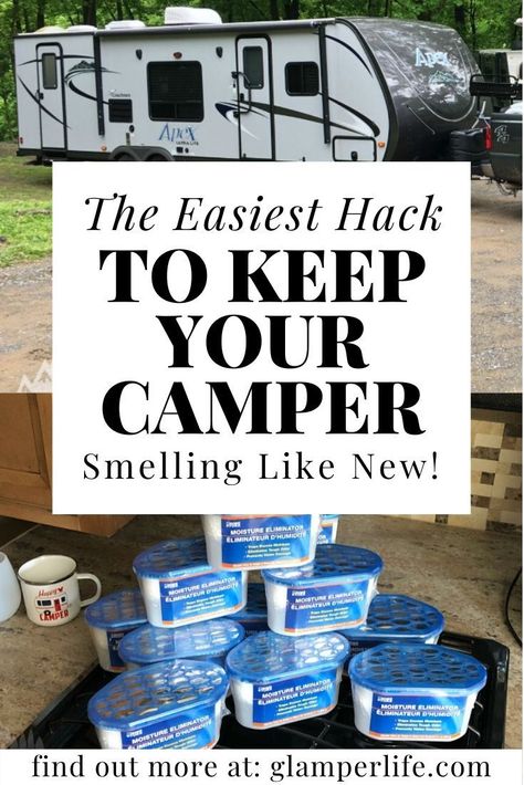 Easy easy (and super cheap!) camper hacks! Keep that camper smelling as good as it did the day you bought it. RVs and campers are notorious for developing a musty funky smell as they sit in damp or humid conditions in your driveway or at a campsite. We have a few super bargain friendly tips for how to eliminate moisture from your camper. Our camper is almost 5 years old and still smells as good as the day we bought it!! #camping #rv #rvlife #glamperlife Cowhide Rug In Camper, Cheap Camper Makeover, Cheap Camper Decorating Ideas, Rv Business Ideas, Camper Renovation Storage, Camper Cleaning Supplies, Rv Oven Tips, How To Get Musty Smell Out Of Camper, Rv Cleaning Tips Interior