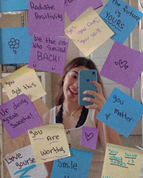 Sticky Notes Around Mirror, Things To Write On A Sticky Note, Sticky Notes On Mirror Self Love, Stick Notes Ideas Wall, Truth Mirror, Mirror Motivation, Mini Quotes, Kindness Notes, Sticky Notes Quotes