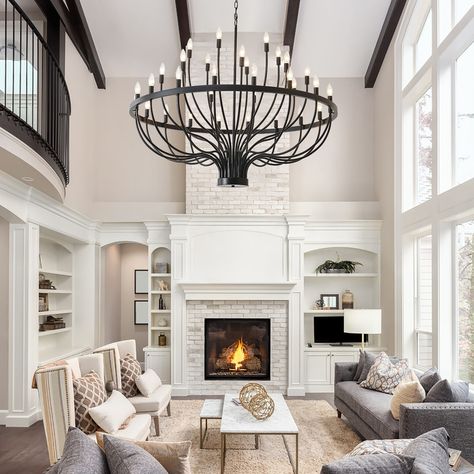 Modern Farmhouse Chandelier for Dining Room, Round Candle Chandeliers - Bed Bath & Beyond - 41133000 Dining Room Chandelier High Ceiling, Round Candle Chandelier, Tall Wall Decor, Modern Farmhouse Chandelier, Farmhouse Chandelier, Modern Cottage, Dining Room Chandelier, Lighting Store, Big Houses