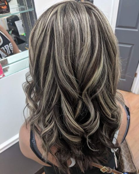 Brown And White Highlights, Dark Ends Light Roots, Blonde Partial Highlights On Dark Hair, Platinum Highlights On Dark Hair Brown, Ash Blonde Chunky Highlights, Platinum Blonde Balayage On Brown Hair, Chunky Blended Highlights, Streaky Highlights On Black Hair, Highlights On Layered Hair