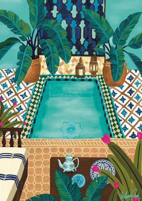 Riad Marrakech, City Poster, Travel Illustration, Art Et Illustration, Tropical Art, Love Illustration, Art And Illustration, Diy Canvas Art, Diy Canvas