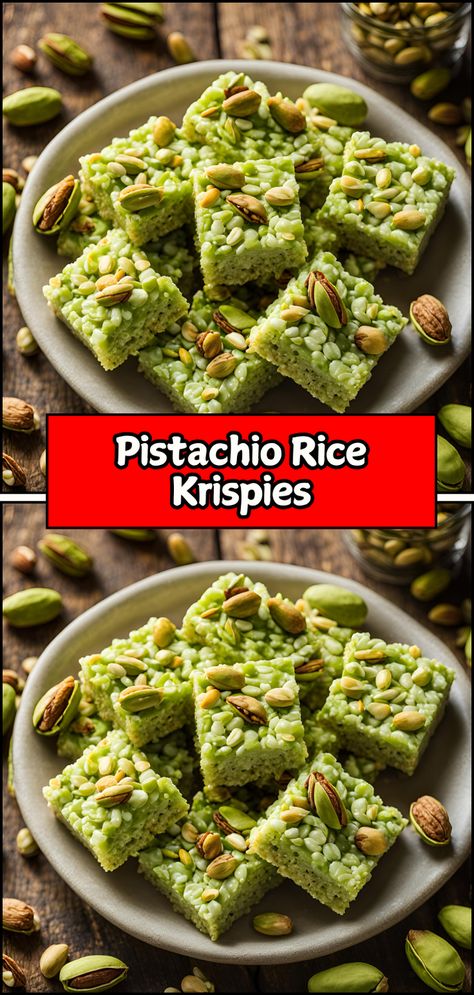 Enjoy a delicious twist on a classic treat with Pistachio Rice Krispies! 🌰🍚✨ These delightful snacks combine crunchy Rice Krispies with creamy pistachio flavor, creating a unique and satisfying dessert. Easy to make, they’re perfect for parties, gatherings, or simply a sweet treat at home. With a vibrant green hue and a delightful nutty taste, these Pistachio Rice Krispies are not only tasty but also visually appealing. Pistachio Rice Krispie Treats, Pistachio Rice, Crunchy Rice, Dessert Easy, Rice Krispie Treats, Rice Krispie, Vibrant Green, Krispie Treats, Sweet Treat