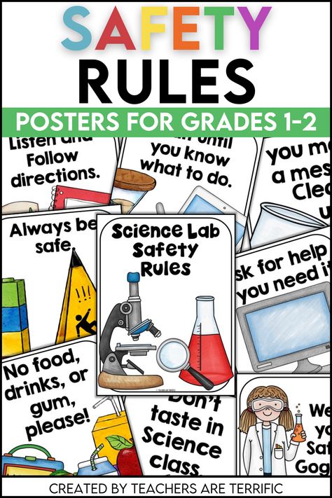 Posters for grades 1-2! This Science Safety Rules set will help students learn the basic rules they need to follow in Science or STEM class. Science Lab Safety Rules Elementary, Science Classroom Rules, Science Lab Rules, Science Safety Posters, Science Lab Safety Rules, Science Safety Rules, Lab Safety Poster, Kindergarten Rules, Science Lab Safety