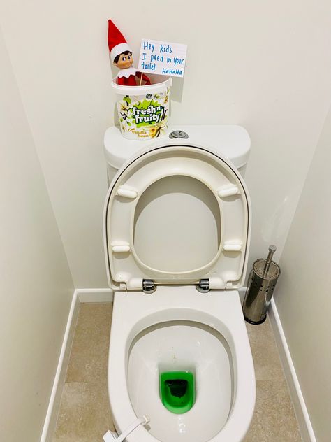 Bringing a little fun on a countdown to Christmas with Jingles the elf. Green toilet water. Elf Cereal Toilet, Elf On The Shelf Toilet, Elf On The Shelf Easy, Green Toilet, Shelf Toilet, Christmas Crafts For Toddlers, Xmas Elf, Countdown To Christmas, Elf Ideas