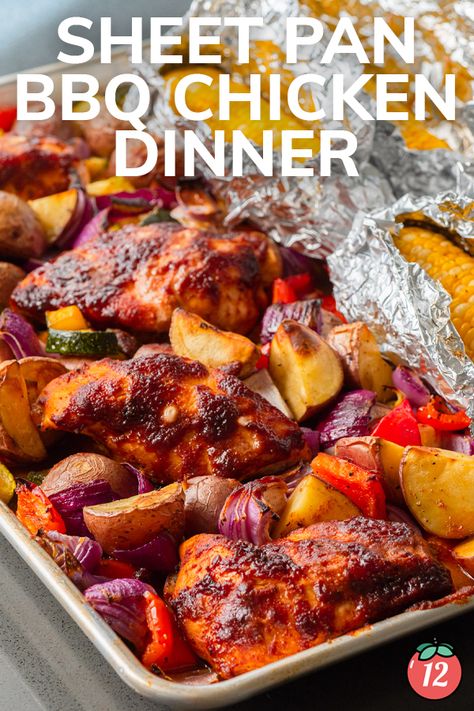 Sheet Pan Barbecue Chicken Dinner | 12 Tomatoes On Pan Meals Dinners, Chicken Sheet Pan Dinners Easy, Hawaiian Bbq Chicken Sheet Pan, Fall Sheet Pan Dinners Chicken, Bbq Sheet Pan Chicken, Sheet Pan Barbecue Chicken Dinner, Grilled Chicken Meals Dinners, Chicken Leg Sheet Pan Dinner, Bbq Chicken Sheet Pan Dinner