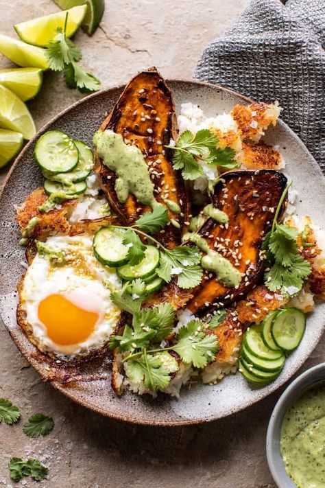 Crispy Rice Bowl, Butter Sweet Potatoes, Green Tahini, Meatless Dinners, Dinner Rotation, Feeling Healthy, Vegetarian Foods, Crispy Rice, Veggie Food