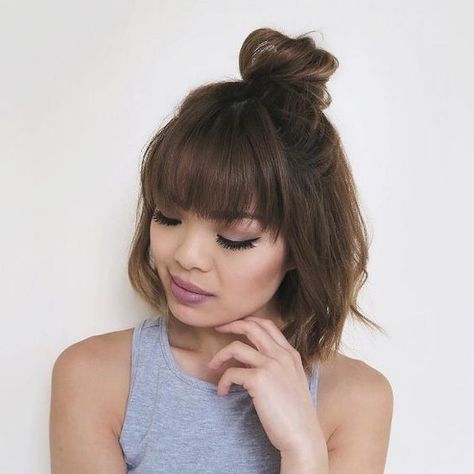 Half Bun with Bangs via Balayage Bangs, Bun With Bangs, Cute Bob Hairstyles, Girly Hairstyles, Half Bun, Bridesmaid Hair Long, Bob Hairstyles With Bangs, Wavy Bob Hairstyles, Choppy Bob Hairstyles