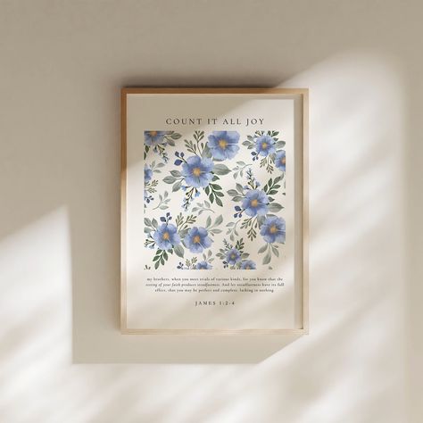 Count It All Joy // Encouraging Christian Wall Art Welcome reminders of truth daily into your home with this minimalist and floral print of James 1:2-4. Perfect for anywhere in the home, church, or as a gift :) BROWSE SIMILAR WALL ART: https://homewithcambria.etsy.com/listing/1575682229 WHAT'S INCLUDED? Ready-to-print high-resolution (300 DPI) JPG files with the following 6 different sizes for printing: 1:1 Ratio File Printing Sizes: 5"x5" | 8"x8" | 10"x10" | 12"x12" | 20"x20" 2:3 Ratio File Pri Church Office Decor, Dorm Wall Art Ideas, Christian Asthetic, Christian Wall Prints, Joy Bible Verse, Minimalist Christian Art, Count It All Joy, Christian Wall Art Printable, Scripture Wall Decor