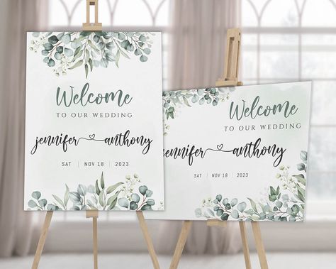 Wedding Welcome Board, Welcome Board, Simple Engagement, Green Eucalyptus, Engagement Celebration, Engagement Party Decorations, Eucalyptus Wedding, Welcome Poster, Wedding Welcome Sign