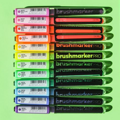 12 Karin brushmarker PRO Neon Markers | Jenny's Crayon Collection Neon Markers, Pro Markers, Lettering Practice, Lettering Tutorial, Neon Blue, Neon Colors, Neon Orange, Neon Yellow, Neon Lighting