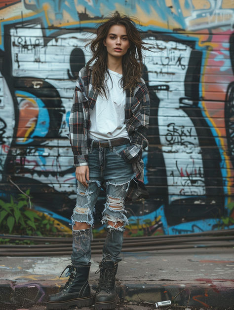 Create an edgy urban look with grunge fashion: ripped jeans, black tee, flannel shirt, and combat boots. Perfect for a stylish, gritty vibe. Punk Chic Fashion, Ripped Jeans Black, Punk Chic, 90s Fashion Grunge, Fashion Grunge, Oversized Flannel, 90's Grunge, Urban Looks, 90s Grunge