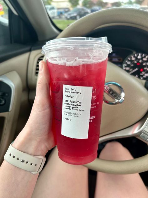 Pink Blossom Raspberry Tea Starbucks, Starbucks Tropical Drink, Strawberry Açaí Starbucks, Fruity Drinks From Starbucks, Iced Passion Tango Tea Starbucks Order, Starbucks Refreshing Drinks, Strawberry Tea Starbucks, Refreshers Starbucks Order, Good Refresher Drinks Starbucks