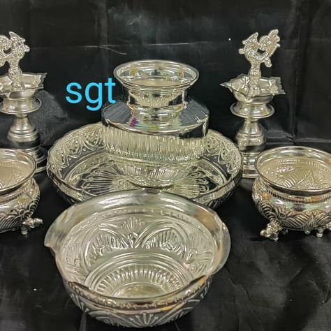 Kalash+ Pooja Thali+ Diya+ Prasad Bowl + Haldi Kumkum bowl Combo @3750 full set German Silver washable Pooja plate + diyas+ kalasha big + KumKum bowls big Or @4550 full set German Silver washable Pooja plate + diyas+ kalsha big + KumKum bowls big+ parasadam bowl big Life time usable Haldi Kumkum, Pooja Decor, Pooja Thali, Pooja Items, Silver Pooja Items, Silver Items, German Silver, Life Time, Punch Bowl