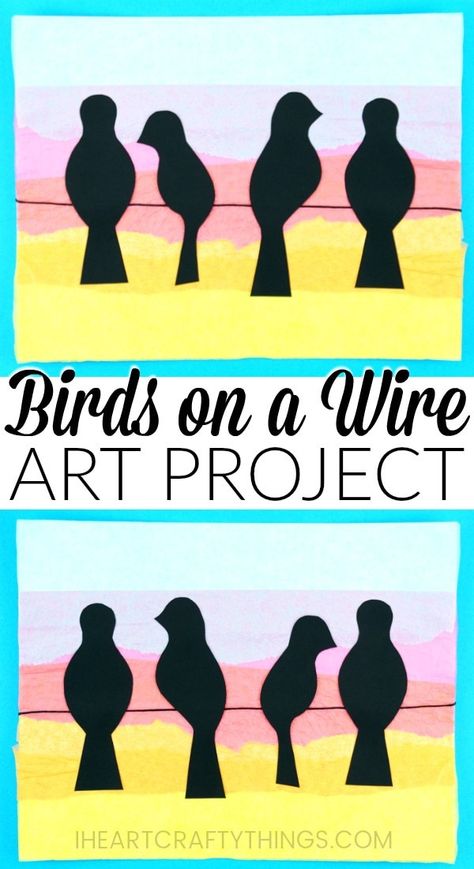 Gorgeous Birds on a Wire Art Project Birds On A Wire Art, Vogel Silhouette, Ombres Portées, Birds On A Wire, Yellow Orange Pink, Theme Nature, Sunset Background, Bird Crafts, Bird Silhouette