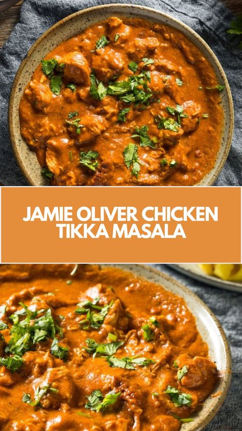 Jamie Oliver’s Chicken Tikka Masala is made with chicken breasts, onions, ginger, coriander, red chilli, groundnut or vegetable oil, plum tomatoes, coconut milk, flaked almonds, natural yogurt, lemon, and a tikka masala paste, creating a savory dish that takes an hour to prepare! Chicken Tikki Masala, Tikki Masala Chicken, Healthy Chicken Tikka Masala, Tandoori Chicken Tikka, Vegetable Tikka Masala, Tikka Masala Paste, Tika Masala, Jamie Oliver 5 Ingredients, Tikki Masala