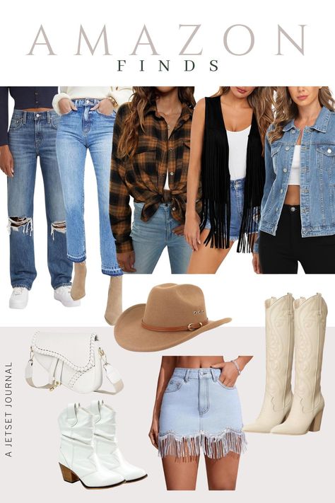 Get ready for your next country concert with these stylish outfit ideas! Pair country concert boots like slouchy white ankle boots or classic knee-high cowboy boots with a fringe vest or a denim skirt for a chic vibe. Add a graphic tee or bodysuit, and you're set for the perfect country concert look. Don’t forget the accessories—grab a hat to finish off your country concert outfit and dance the night away. Shop all of these must-have country concert accessories right on Amazon! Country Concert Outfit Fringe, Concert Boots, Concert Accessories, Country Concert Outfit Winter, Outfit Denim Skirt, White Cowboy Boots Outfit, Concert Outfit Winter, Cute Concert Outfits, Concert Look