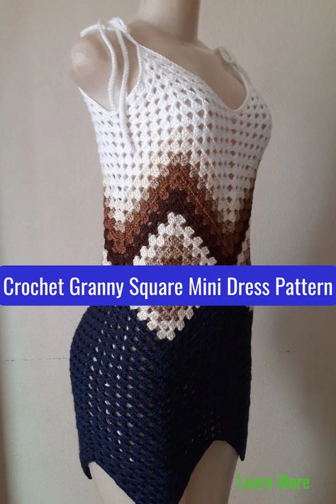 crochet a dress using the granny square pattern Easy Crochet Summer Dress Pattern Free, Free Crochet Summer Dress Patterns, Granny Square Crochet Dress Pattern Free, Beach Granny Square, Crochet Granny Square Dress Pattern Free, Granny Square Clothes Patterns, Granny Square Dress Pattern Free, Crochet Beach Dress Pattern Free, Crochet Summer Dress Pattern Free