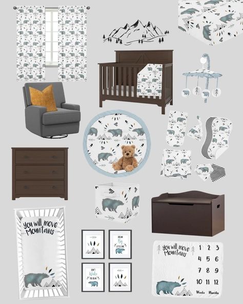 This mountain nursery design is the cutest gender-neutral nursery idea, featuring a cute mountain and bears theme and dark brown nursery furniture.⁣ ⁣ Comment LINK and I'll send you the link to shop the look! Brown Nursery Furniture, Dark Brown Nursery, Brown Crib, Brown Nursery, Toy Storage Bench, Decor Checklist, Nursery Idea, Cube Storage Shelves, Nursery Room Furniture