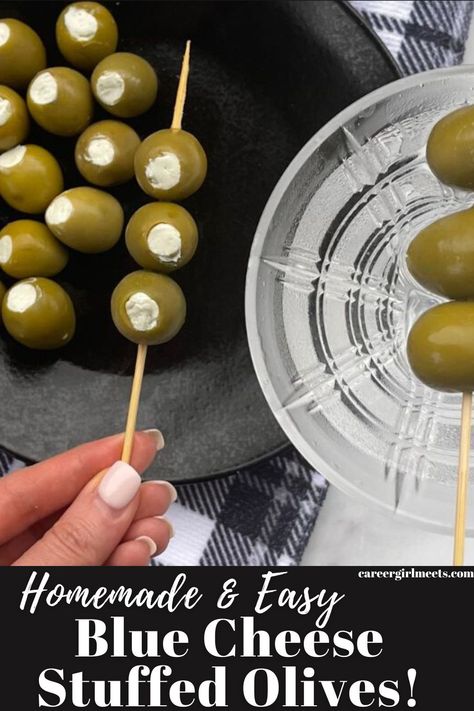 These homemade Blue Cheese stuffed olives are the best! This recipe is easy to make, and you'll only need blue cheese, cream cheese, and olives. These stuffed olives are a perfect garnish for dirty martinis and bloody marys. Or they are the perfect appetizer bite on a charcuterie board. Check out this easy recipe on how to make blue cheese stuffed olives! You can also make fried blue cheese olives.

// blue cheese stuffed olives // dirty martinis // appetizers // charcuterie board // Blue Cheese Olives Recipe, Marinated Cheese And Olives, Extra Dirty Martini Recipe, Cream Cheese And Olives, Stuffed Olives Recipe, Blue Appetizers, Blue Cheese Olives, Cabana Bar, Xmas Dinner Party