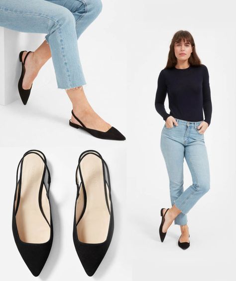 Sling Back Mules Outfit, Black Sling Back Flats Outfit, Pointed Slingback Heels Outfit, Chic Everyday Slip-on Pointed Toe Flats, Chic Everyday Pointed Toe Slip-on Flats, Everlane Editor Slingback, Slingback Shoes Outfit, Sling Back Flats Outfit, Slingback Flats Outfit