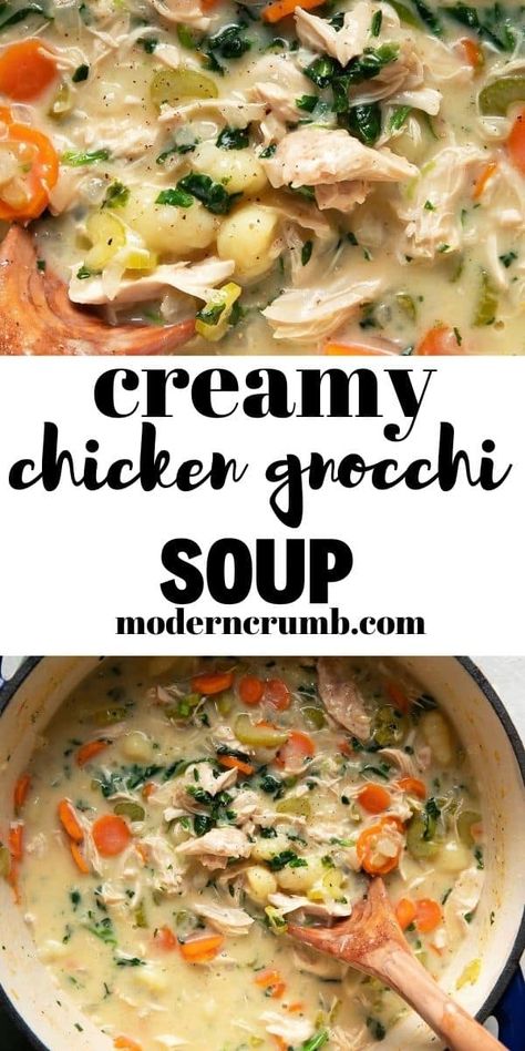 This creamy chicken gnocchi soup has a chicken broth and cream base that makes for a delicious savory soup. Filled with onions, carrots, celery and spinach. It's hearty and so filling. The whole family will flock to this dinner. Creamy Gnocchi Chicken Soup, Gnocchi Chicken Soup, Creamy Chicken Gnocchi Soup, Creamy Chicken Gnocchi, Cream Based Soups, Cooking Frozen Chicken, Chicken Gnocchi, Chicken Gnocchi Soup, Carrots Celery