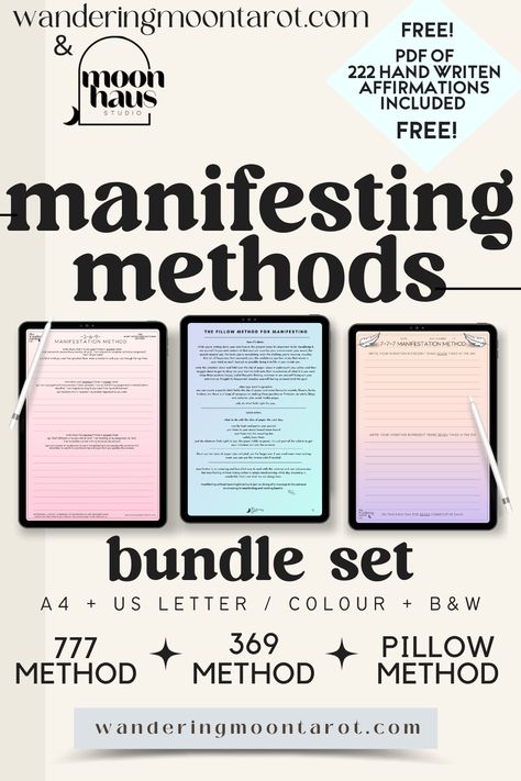 three manifestation methods in the one bundle! these aesthetic manifesting journal pages includes the two methods of the 369 manifesting, the 777 manifesting method, plus the pillow method of manifesting! instructions are supplied so you’ll be good to go as soon as you download it! lovingly created by the wandering moon co. (soon to be rebranded as ‘moon haus studio’) Wellness Tracker, Coupon Book, Creative Journal, Journal Layout, Gratitude Journal, Scrapbook Stickers, Journal Prompts, Daily Affirmations, Gratitude