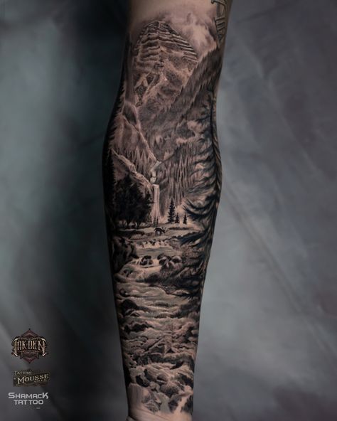 Forest Theme Sleeve Tattoo, Woods Themed Tattoo Sleeve, Country Tattoo Sleeve Men, Black And Grey Nature Tattoos, Waterfall Tattoo Sleeve, Forest Theme Tattoo, Realism Sleeve Tattoo, Waterfall Tattoo Ideas, Country Tattoos For Men