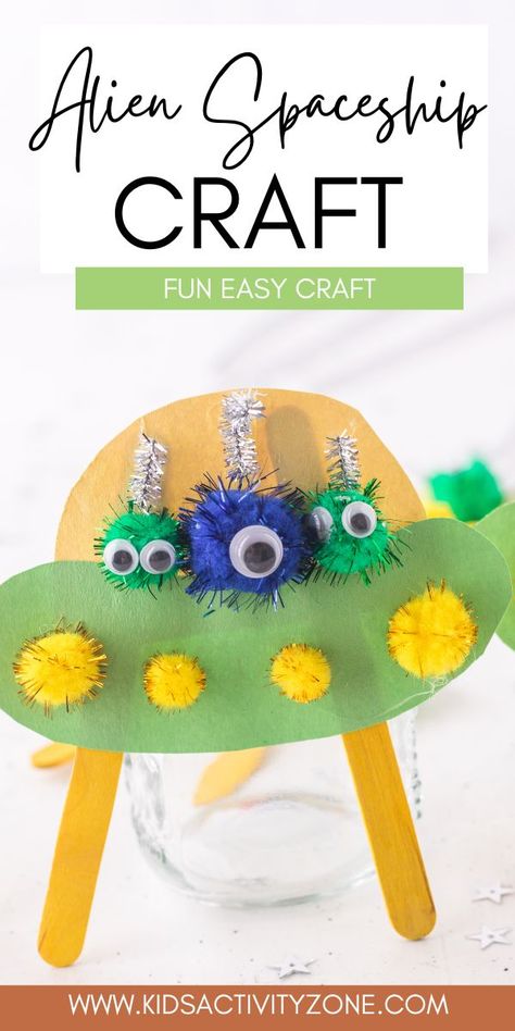 Make this cute and fun Alien Spaceship Craft with your kids! This easy craft is made with supplies that you already have. If you have a kid that loves space this is the perfect craft to do with them. It's also great to make in the classroom to go with any space lesson. Time Travel Crafts For Kids, Alien Crafts For Kids, Outer Space Crafts For Kids, Spaceship Craft, Alien Craft, Outer Space Crafts, Space Crafts For Kids, Alien Crafts, Fun Summer Crafts