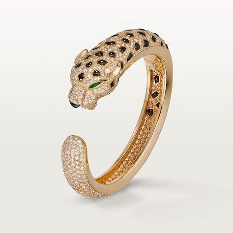 CRH6013117 - Panthère de Cartier bracelet - Yellow gold, emeralds, onyx, diamonds - Cartier Cartier Panther Bracelet, Panther Bracelet, Cartier Panther, Emerald Eyes, 18k Gold Bracelet, Cartier Bracelet, Cartier Panthere, Cartier Jewelry, Greek Gods