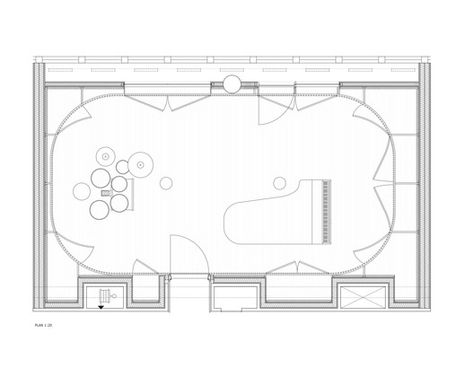 Sonorous Museum Copenhagen / CREO ARKITEKTER + ADEPT | ArchDaily Kindergarten Classroom Layout, Instrument Room, Classroom Floor Plan, Classroom Planning, Wooden Panelling, Music Museum, Architecture Drawing Plan, Ceiling Plan, Acoustic Design