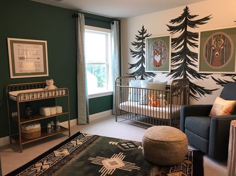 Nursery Idea Themes, Woodland Room Boys, Nursery Ideas Forest Animals, Forest Baby Nursery Boy, Boy Nursery Rustic, Woodland Forest Nursery Boys, Wild Nursery Theme, Green Woodsy Nursery, Dark Forest Nursery Theme