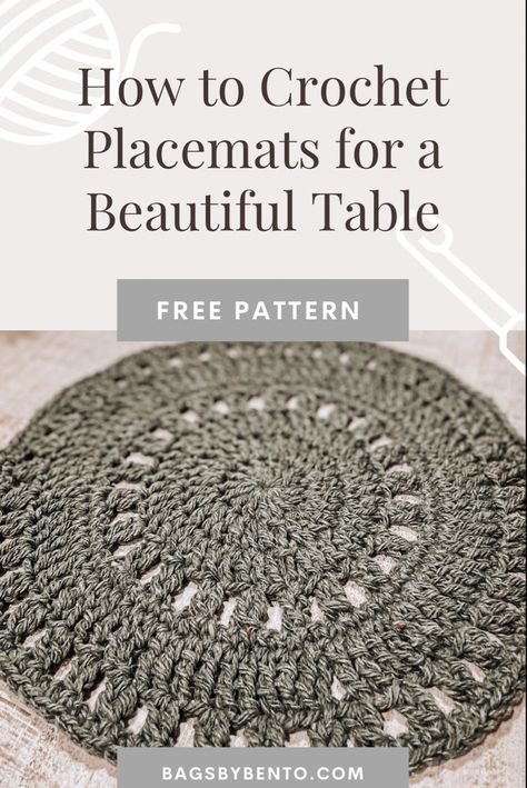 Hunter green, crocheted placemat on a white table Circle Crochet Placemat Pattern, Crocheted Placemats Round, Crochet Boho Placemats Free Pattern, Free Crochet Patterns Placemats, Crochet Plate Chargers, Crocheted Table Mats, Crochet Circle Placemats Free Pattern, Crochet Mandala Placemat Free Pattern, Circle Placemats On Table