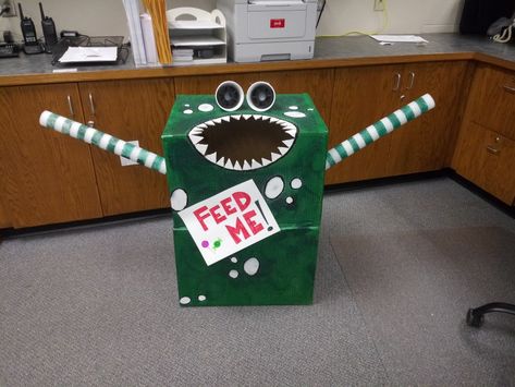 Trunk or treat at our school.. Made this for the candy donations Candy Monster Donation, Candy Monster Donation Bin, Candy Donation Box Ideas Halloween, Monster Theme Trunk Or Treat, Trunk Or Treat Monster Mouth, Trunk Or Treat Monster, Trunk Or Treat Candy Monster, Halloween Candy Box, Monster Box