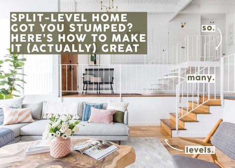 Have A Split-Level Home? Here's How To Design It So You'll Actually Love It - Emily Henderson Sunken Room Railing, Tri Level Homes Interior, Living Room Designs Split Level, Split Level Design Ideas, Decorating A Split Level Home, Split Level Family Room Ideas, Tri Level House Interior, Split Level Family Room, Split Level Living Room Arrangement