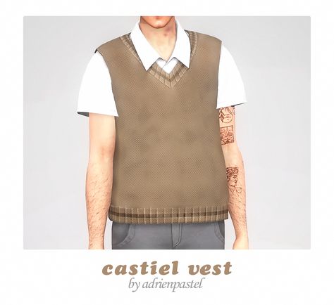 📑 Castiel Vest · | AdrienPastel on Patreon Ts4 Cc Boy, Brown Vest Men, Male Teen, Sims 4 Male Clothes, Sims 4 Piercings, Male Sweaters, Sims Clothes, Dark Academia Clothes, Academia Clothes