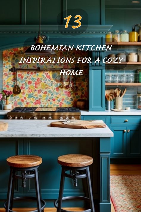 I love how this kitchen captures the essence of bohemian style with its vibrant floral backsplash and rich teal cabinetry. It creates such a warm and inviting atmosphere, perfect for cooking and gathering with friends. The rustic bar stools add a charming touch and make this space feel even cozier. Check out these inspirations to bring a bohemian flair to your own kitchen! Bohemian Kitchen Design, Bohemian Kitchen Ideas, Floral Backsplash, Japandi Dining Room, Organic Modern Kitchen, Artisan Kitchen, Rustic Bar Stools, Bohemian Farmhouse Kitchen, Kitchen Bohemian