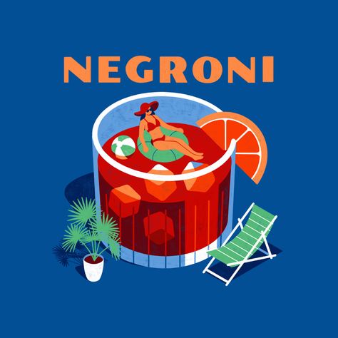 Negroni Illustration, Alcohol Advertising, Colour Illustration, Cocktail Illustration, 달력 디자인, Mid Century Illustration, Summer Illustration, Block Colour, 캐릭터 드로잉