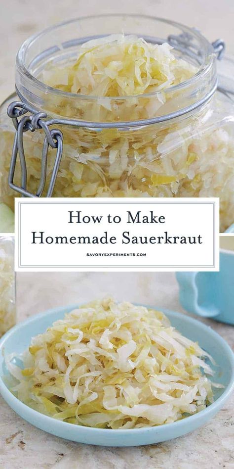 Homemade Sauerkraut has never been easier than my easy to follow steps and delicious add-ins for custom kraut in days! #sauerkrautrecipe #homemadesauerkraut www.savoryexperiments.com Homemade Probiotics, Easy Sauerkraut Recipe, Sauerkraut Benefits, Make Sauerkraut, Fermented Sauerkraut, Sauerkraut Recipe, Homemade Sauerkraut, Fermented Cabbage, Sauerkraut Recipes