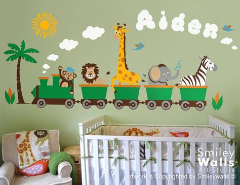 This HUGE Safari Jungle Train and Animals decal set will add the final touch to the nursery or playroom. The whole visual in the sample picture with this composition option measures 100w x 42h. The decal comes in separate pieces for easy application. [WHAT IS INCLUDED] - train - animals ( lion, monkey, giraffe, elephant, zebra and birds) - tree - clouds - sun - plants - name decal For the detailed size of the decal please see the third picture of the description. [COLORS] ***You can c... Safari Animal Wall Decals, Jungle Wall Decals, Zebra Nursery, Lion Nursery, Animal Wall Decals, Jungle Nursery, Baby Wall, Room Stickers, Nursery Decals