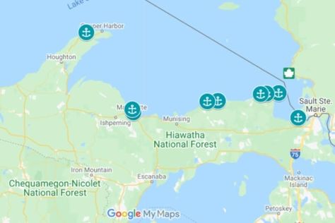 DIY Lake Superior Michigan lighthouse tour: MAP + list of Lake Superior lighthouses in Upper Peninsula Michigan ⚓ Michigan travel blog - Flashpacking America Lake Gogebic Upper Peninsula, Diy Lake, Great Lakes Shipwrecks, Hiawatha National Forest, Up Michigan, Map Of Michigan, Lake Lighthouse, Upper Peninsula Michigan, Pictured Rocks National Lakeshore