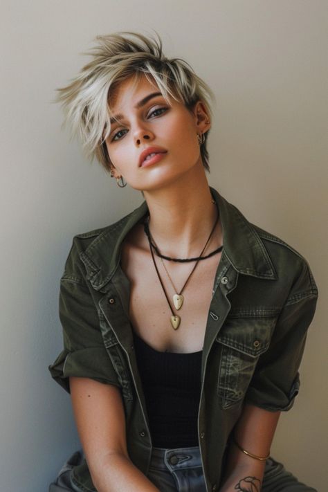 Channel major 90s grunge hairstyles women can rocks with these trendy hairstyles making a comeback this year! Rock Blonde Hair, Hair Color Ideas For Pixie Haircut, 80s Bob Haircut, Punk Hair Short, Grunge Pixie Haircut, Rock Haircut, 90s Grunge Hairstyles, Short Hair Fashion Outfits, Outfit Short Hair