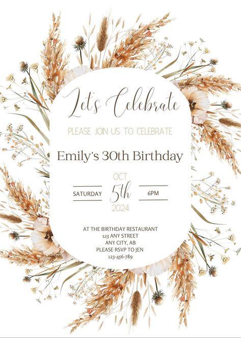 Welcome to Printables By Aimee Co.! All Invitation Templates are a standard 5x7 inches to fit its corresponding envelope size.  This editable Boho Pampas Grass 30th Birthday Invitation is perfect for your next birthday party or birthday dinner.  This invitation template can be edited yourself using Canva. Once purchased, you will receive a PDF file with simple instructions and your template link to start your editing immediately.  Invitations can be printed on high grade cardstock for a beautiful finish, or can be sent digitally to your guests.  Please do not hesitate to reach out to me for any questions or concerns. I will be more than happy to help any way I can! Details: Neutral Boho Pampas Grass EDITABLE 30th Birthday Invitation. Use to celebrate all the great milestone birthdays such Boho Themed 30th Birthday Party, 30th Bday Invitation Ideas, 30th Birthday Invites For Woman, 30th Birthday Invitations Template, 30 Birthday Invites Women, Boho 50th Birthday Invitations, Restaurants For Birthdays, Thirty Birthday, 30th Birthday Invitations